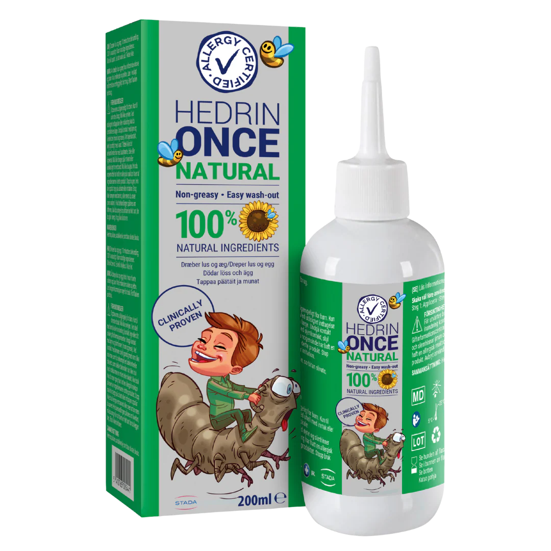Hedrin Once Natural 200 ml - Luonnollinen ja tehokas hoito päätäitä ja niiden munia vastaan - Huom! Pakkaus vaurioitunut, tuote käyttökelpoinen