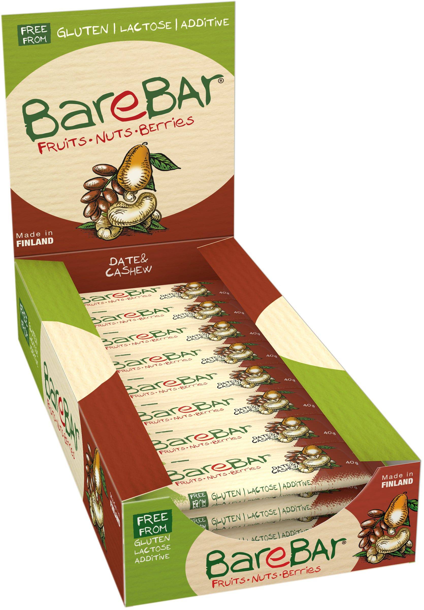 BareBar Taateli-Cashewpähkinäpatukka 24 x 40 g tukkupakkaus - Päiväys 08/2026