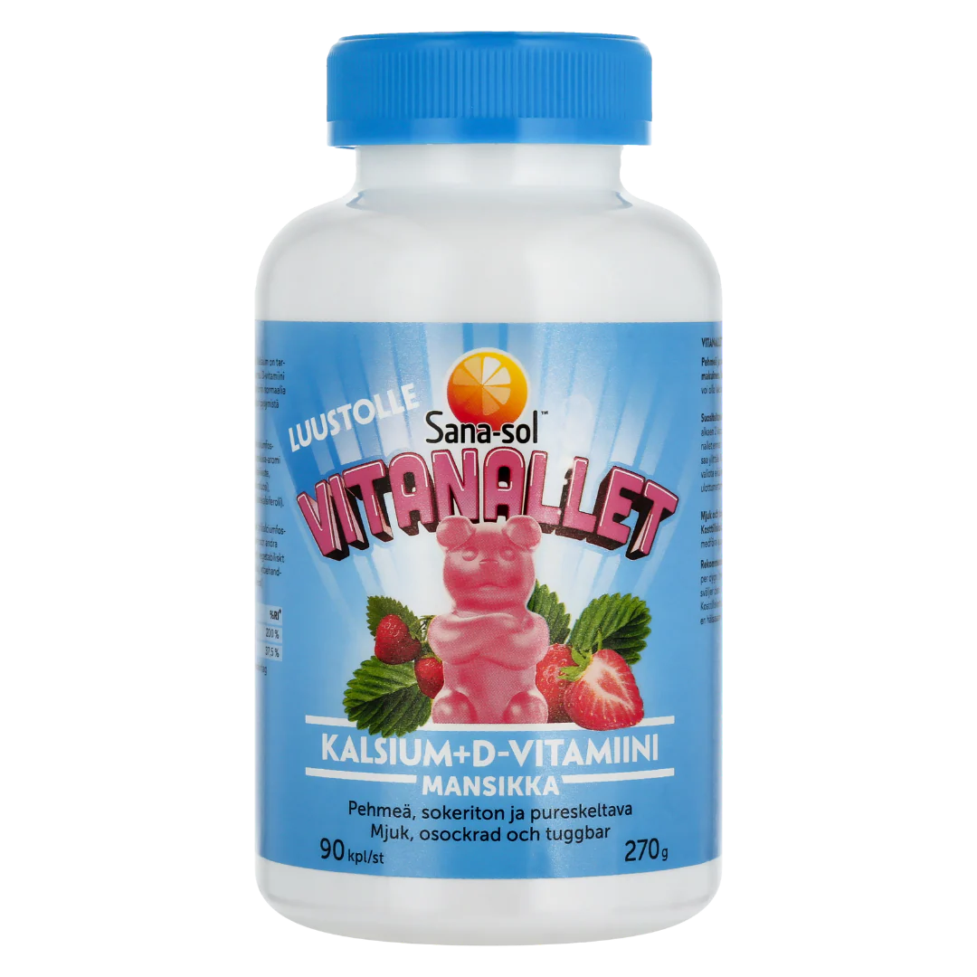 Sana-sol Vitanallet Kalsium + D-vitamiini Mansikan makuinen pureskeltava 90 kpl