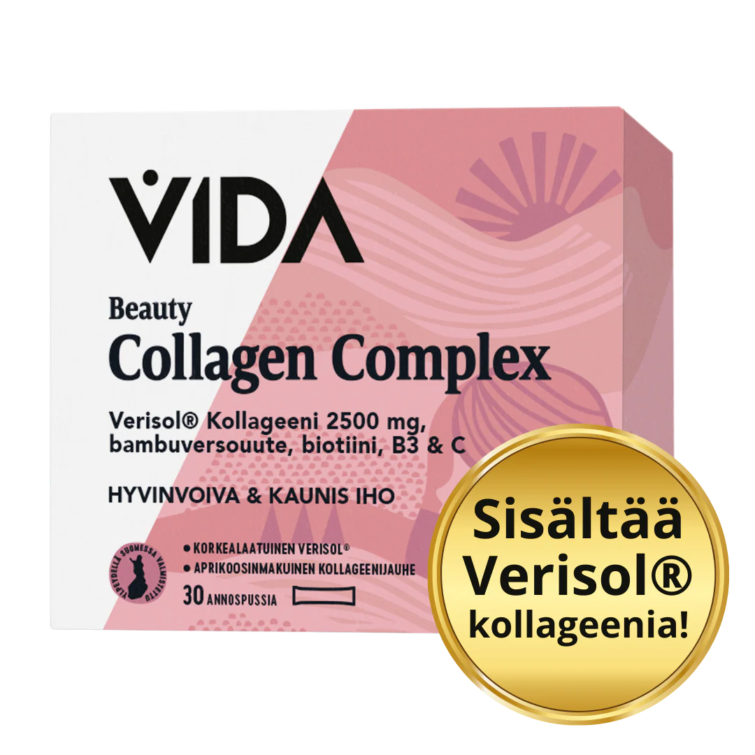 Vida Beauty Collagen Complex - Aprikoosinmakuinen kollageenijauhe 30 annospussia - päiväys 09/2026